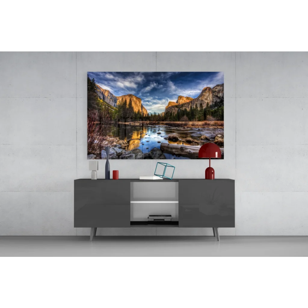 Yosemite Valley golden cliffs canvas wall art with serene river scene