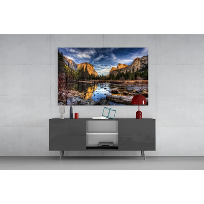 Yosemite Valley golden cliffs canvas wall art with serene river scene