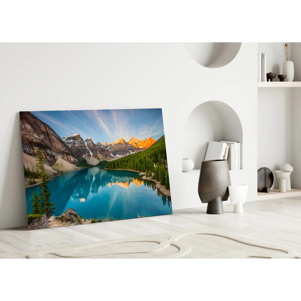 Stunning Turquoise Mountain Lake Glass Wall Art Print | Modern Wall Art Decor | vintageantiquesgifts.com
