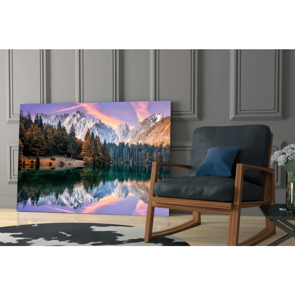 Stunning glass wall art of mountain lake with autumn reflections