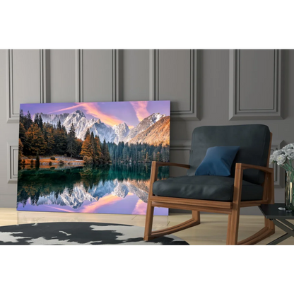 Stunning glass wall art of mountain lake with autumn reflections