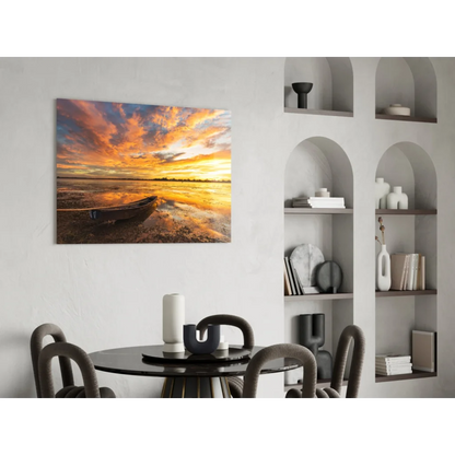 Stunning sunset boat glass wall art with vibrant landscape and reflective water