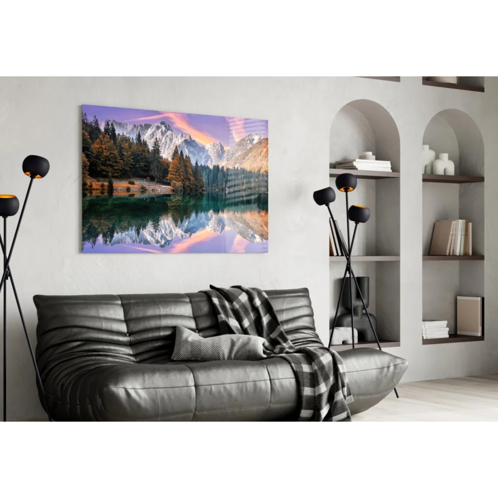 Stunning Mountain Lake Glass Wall Art with Autumn Reflections | Contemporary Home Wall Art | vintageantiquesgifts.com
