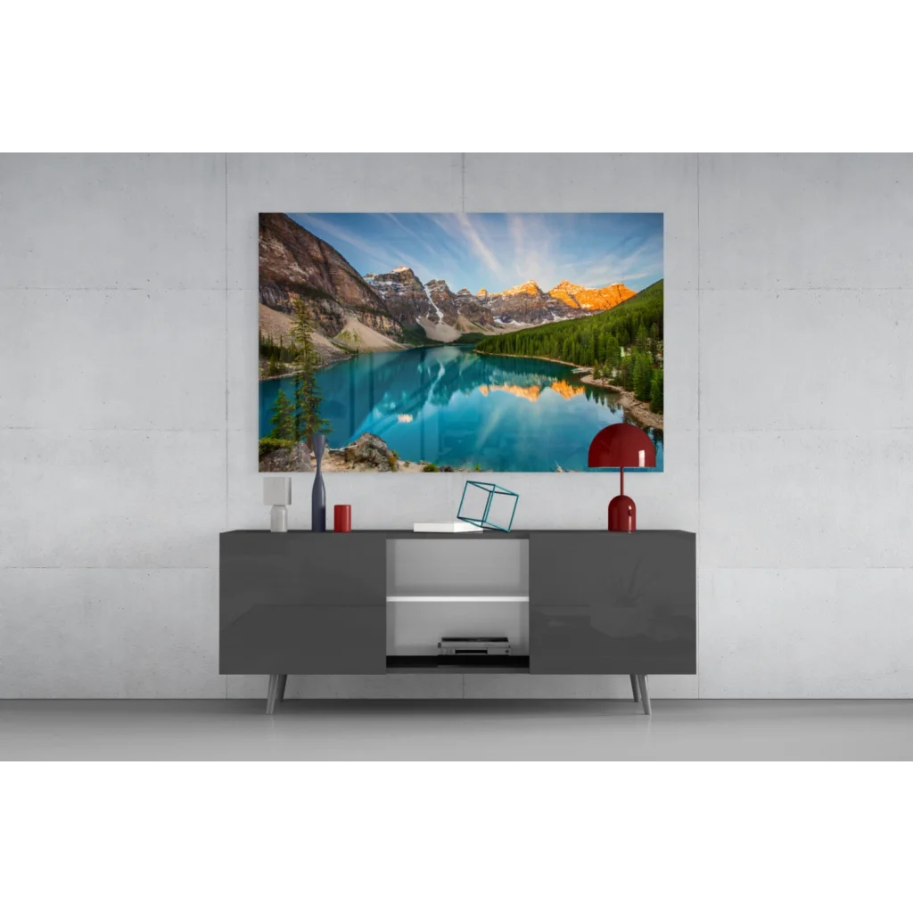 Stunning turquoise mountain lake glass wall art print