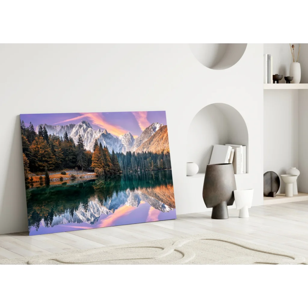 Stunning Mountain Lake Glass Wall Art with Autumn Reflections | Modern Wall Art Decor | vintageantiquesgifts.com