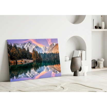 Stunning Mountain Lake Glass Wall Art with Autumn Reflections | Modern Wall Art Decor | vintageantiquesgifts.com