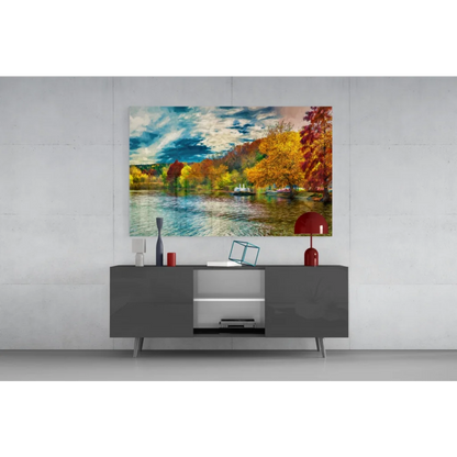 Vibrant autumn glass wall art of crimson trees reflecting in calm lake