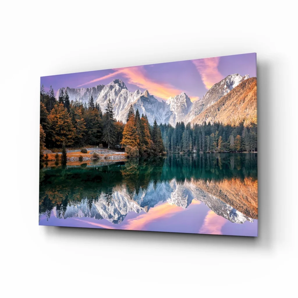 Stunning Mountain Lake Glass Wall Art with Autumn Reflections | Insigneart USA | vintageantiquesgifts.com