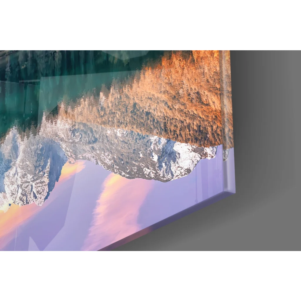 Vibrant glass wall art of mirrored autumn mountain lake reflections