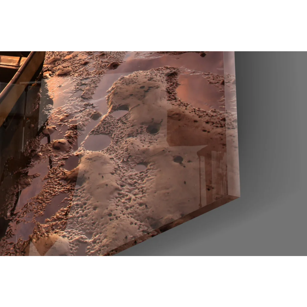 3D printed Mars landscape on transparent acrylic glass wall art with glowing sunset reflections