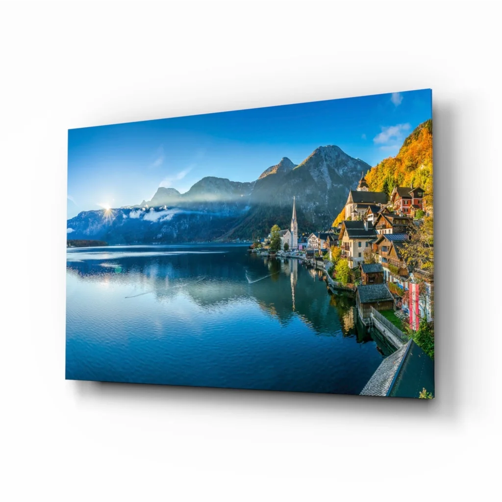 Stunning Blue Mountain Lake Village Canvas Wall Art | Insigneart USA | vintageantiquesgifts.com