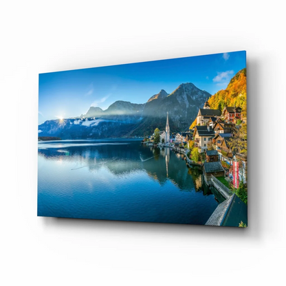 Stunning Blue Mountain Lake Village Canvas Wall Art | Insigneart USA | vintageantiquesgifts.com