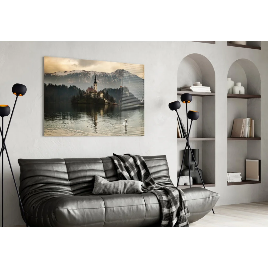 Stunning alpine lake glass wall art with swan and mountain chapel