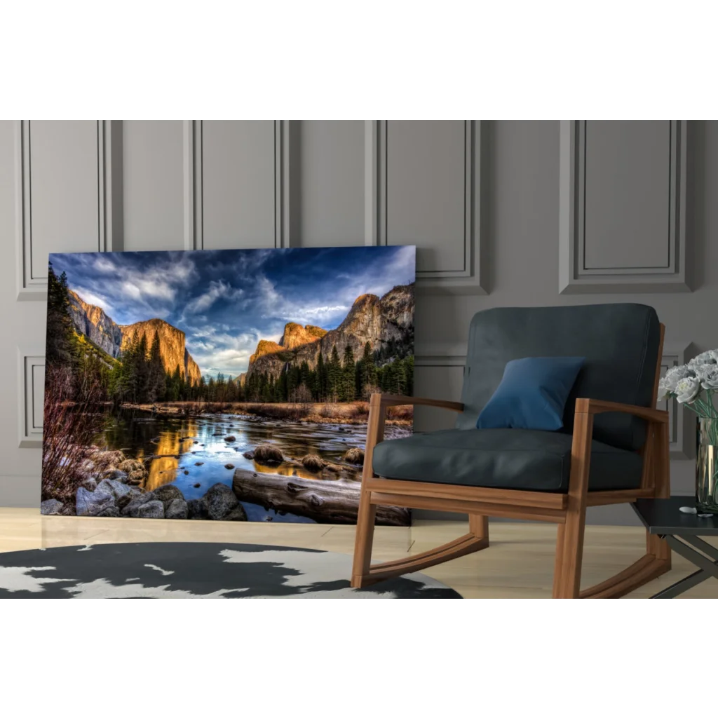 Yosemite Valley Golden Cliffs canvas wall art with scenic mountains and clouds