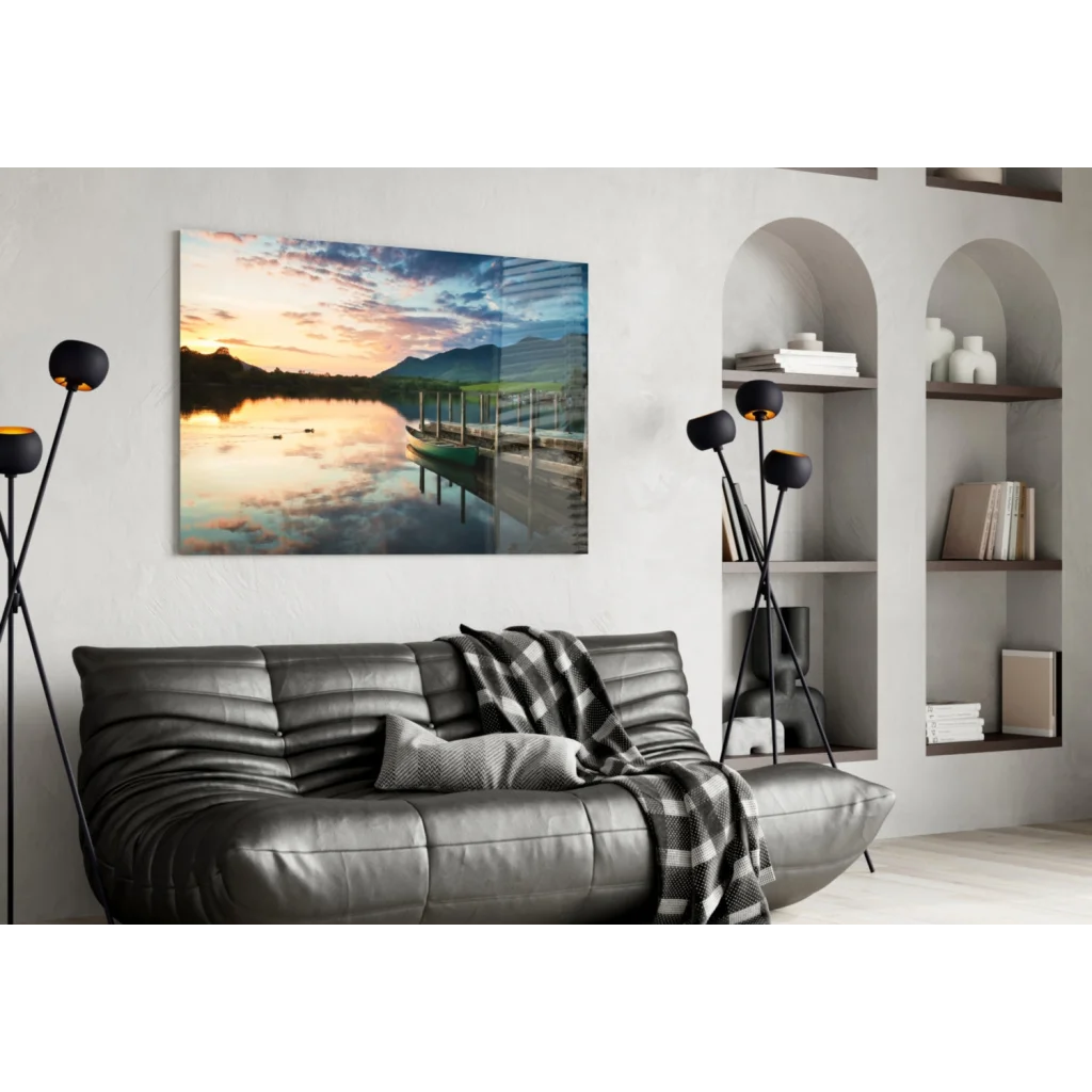 Serene sunset lake glass wall art with canoe, mountains, dock