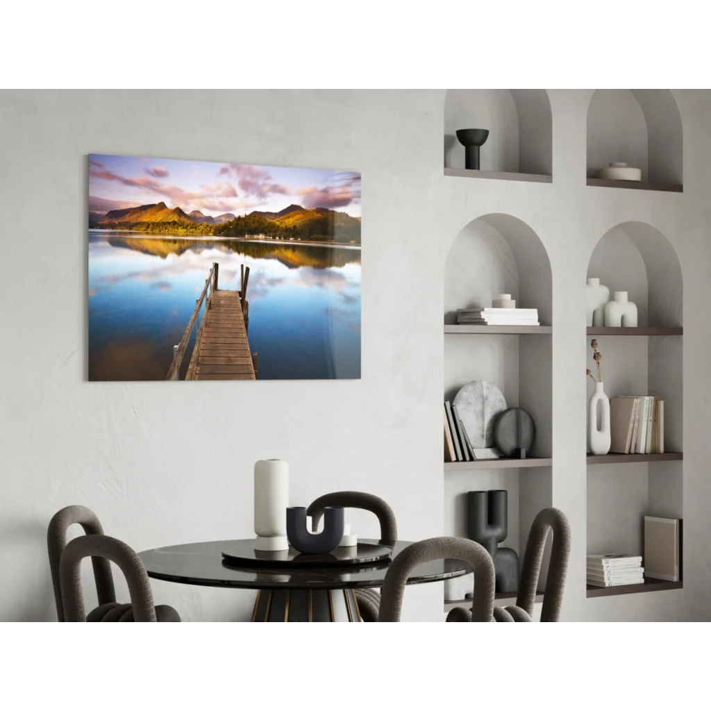 Serene twilight lake dock canvas wall art print with pier and pink sky