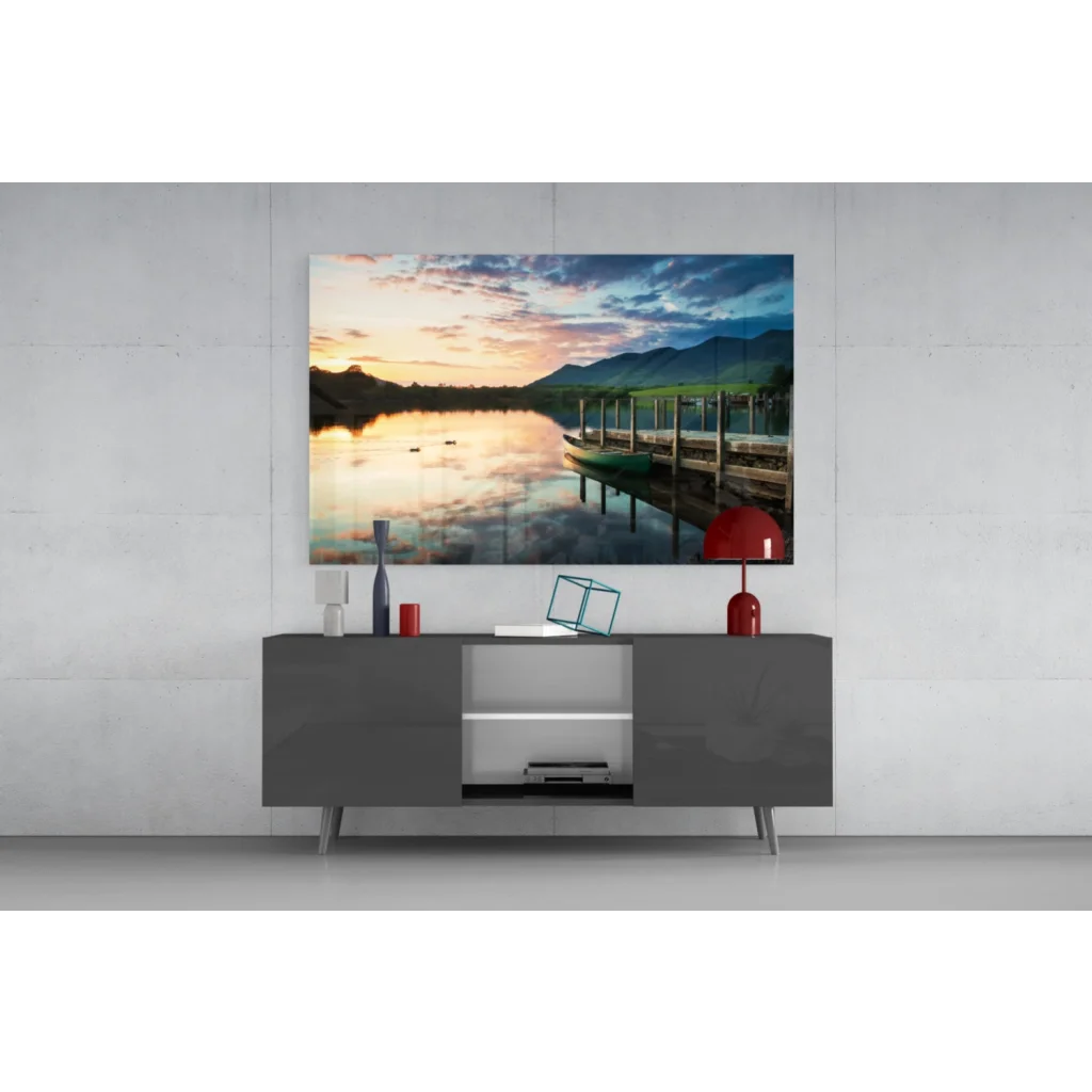 Serene sunset lake glass wall art with canoe, mountains, dock, reflections