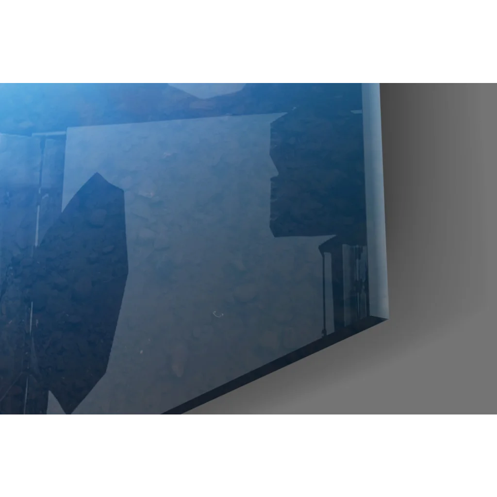 Twilight Lake Dock glass wall art with minimalist abstract design