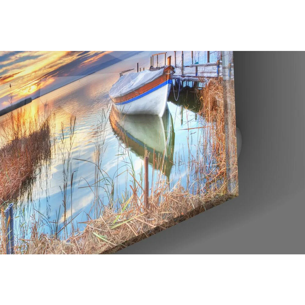 Stunning sunset boat glass wall art with white vessel and blue stripe