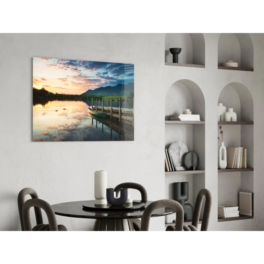 Serene sunset lake glass wall art with canoe and mountains