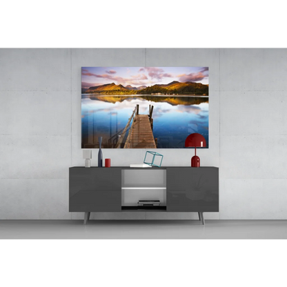 Serene twilight lake dock wall art canvas print with mountains and calm water