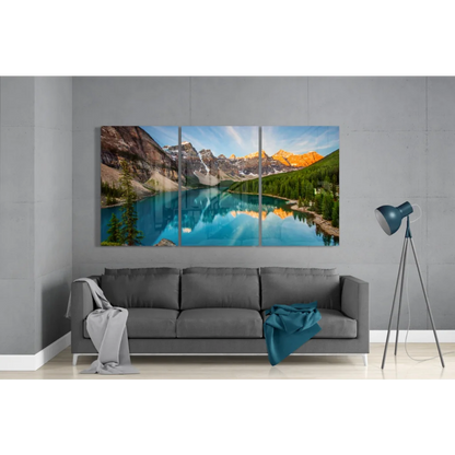Stunning Mountain Lake Insigne Glass Art Three Panel Canvas | Modern Wall Art Decor | vintageantiquesgifts.com