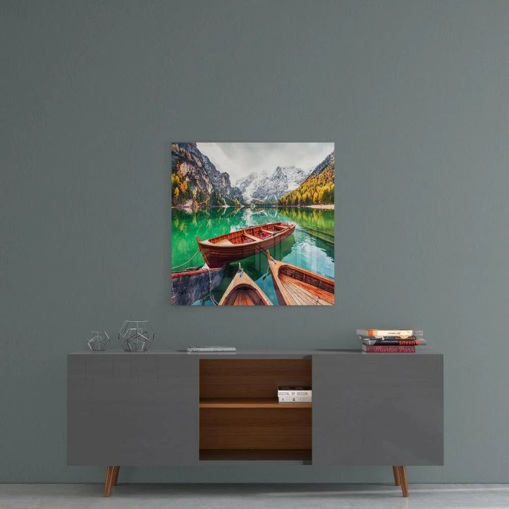 Turquoise lake glass wall art with alpine boats on vibrant water