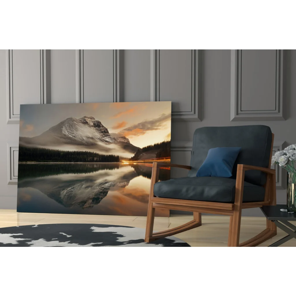 Serene sunset mountain lake glass wall art with golden reflections