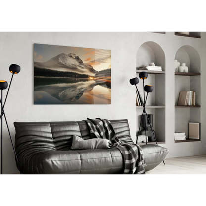 Sunset Mountain Lake Glass Wall Art with Golden Reflections | Contemporary Home Wall Art | vintageantiquesgifts.com
