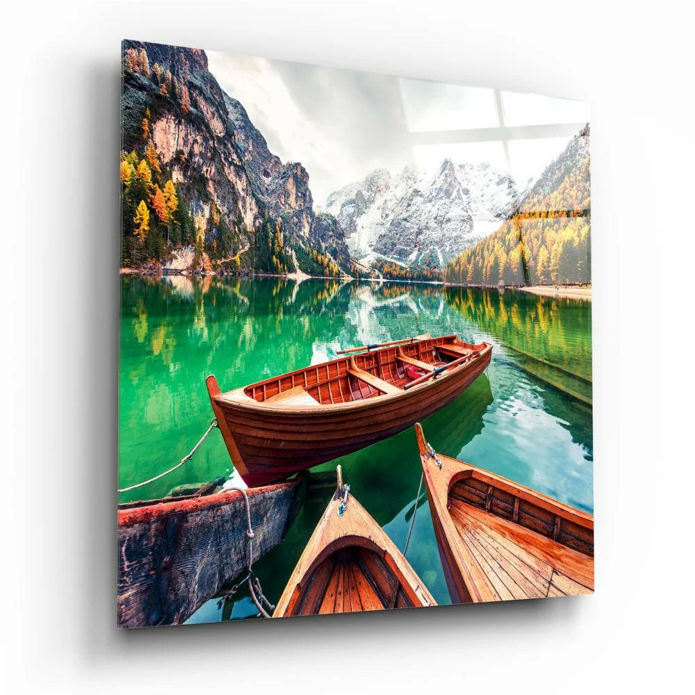 Turquoise Lake glass wall art with alpine boats and serene reflections