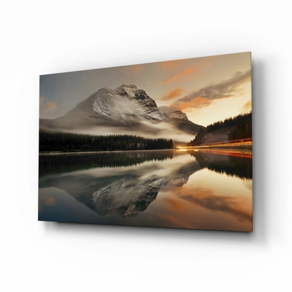 Sunset Mountain Lake Glass Wall Art with Golden Reflections | Insigneart USA | vintageantiquesgifts.com