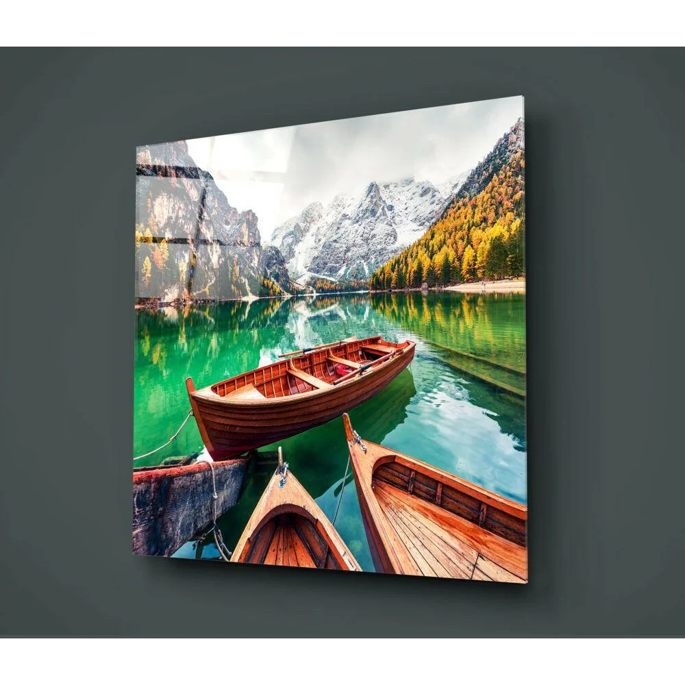 Turquoise lake glass wall art with alpine boats and serene reflections