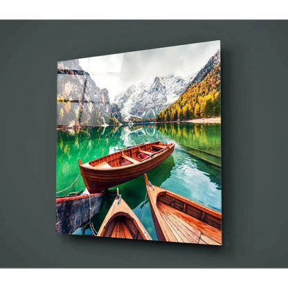 Turquoise lake glass wall art with alpine boats and serene reflections