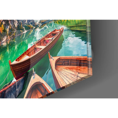 Vibrant turquoise lake glass wall art with alpine boats