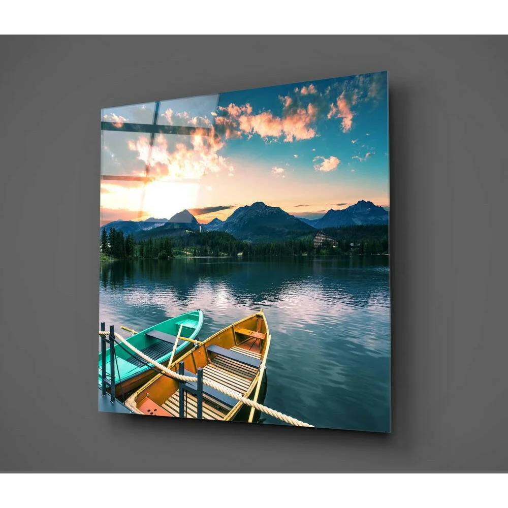 Vibrant sunset lake glass wall art with colorful rowboats and mountains