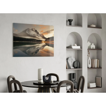 Serene sunset mountain lake glass wall art with golden reflections