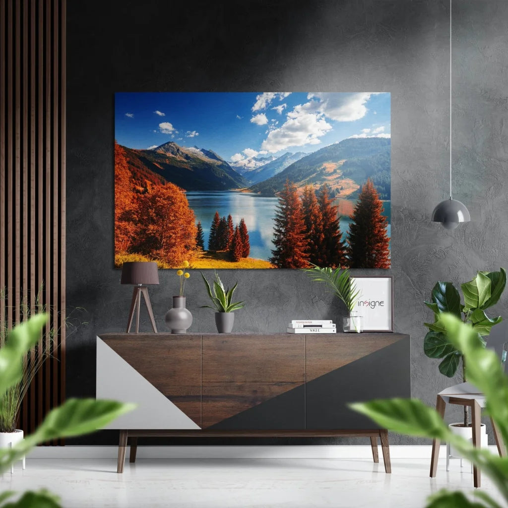 Vibrant autumn mountain on brushed aluminium dibond print