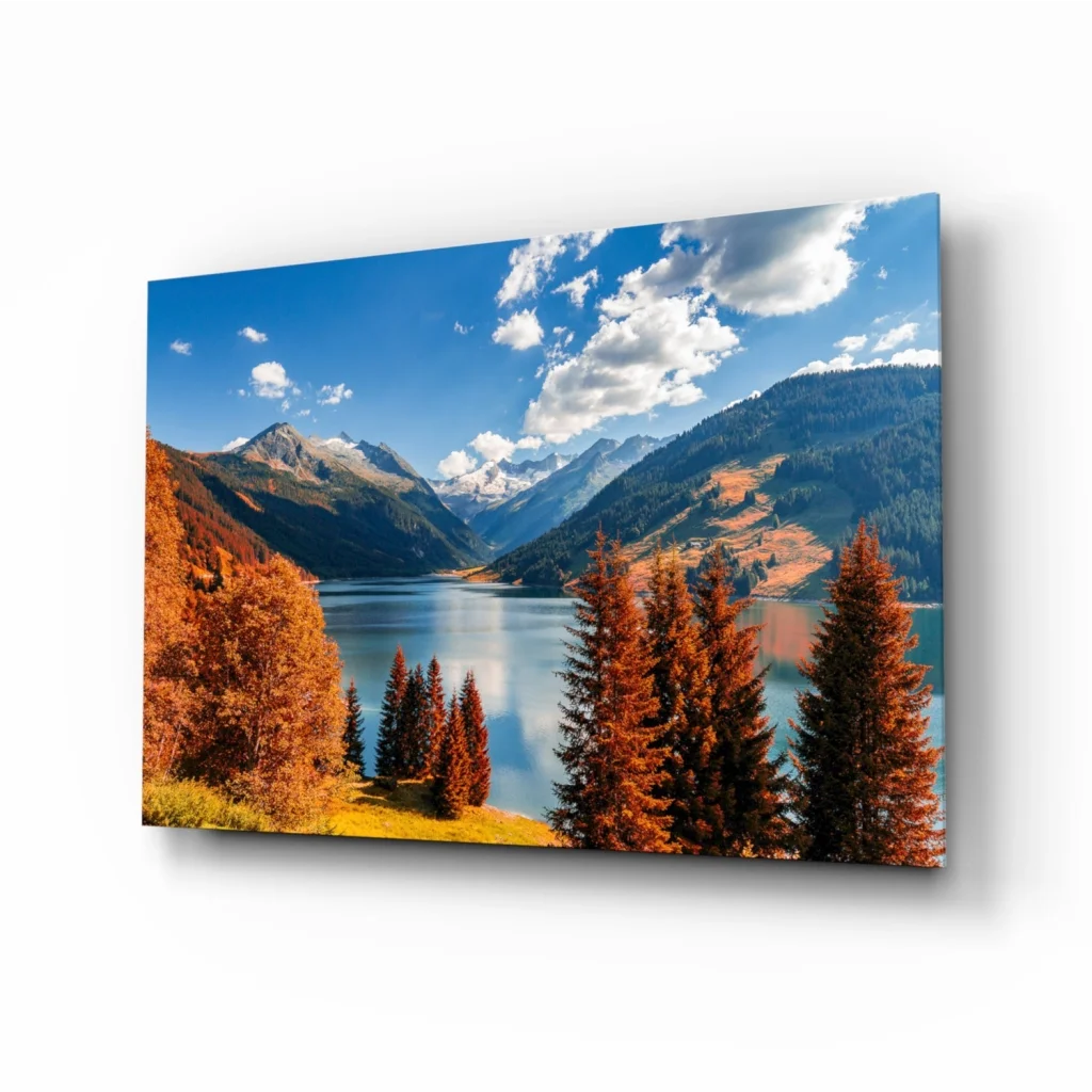 Vibrant autumn mountain lake glass wall art with snowy peaks