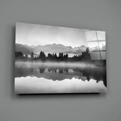 Black-and-white misty mountain lake glass wall art