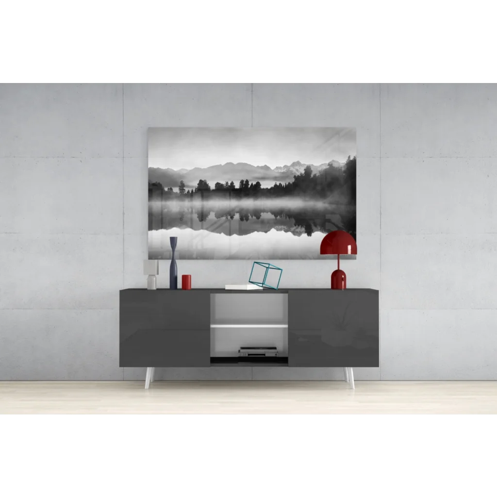 Black-and-white misty mountain glass wall art canvas print