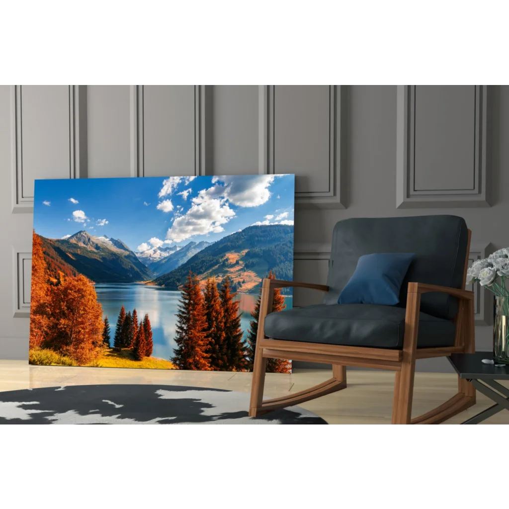 Autumn Mountain Lake glass wall art with snowy peaks and fiery foliage