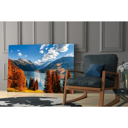 Autumn Mountain Lake glass wall art with snowy peaks and fiery foliage
