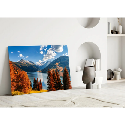 Autumn Mountain Lake Glass Wall Art With Snowy Peaks