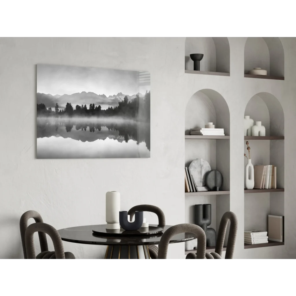Black-and-white mountain glass wall art canvas print on wall