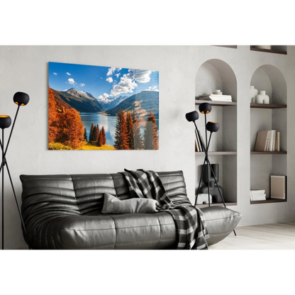 Autumn Mountain Lake Glass Wall Art with Snowy Peaks
