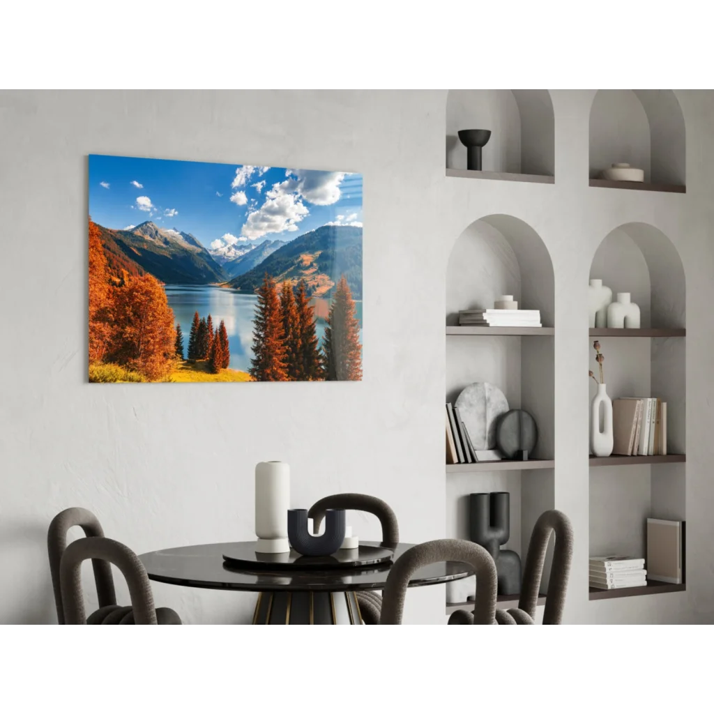 Vibrant autumn glass wall art with snowy peaks, lake, and orange foliage