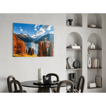 Vibrant autumn glass wall art with snowy peaks, lake, and orange foliage