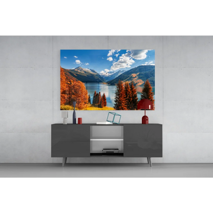Serene autumn mountain lake glass wall art with snowy peaks
