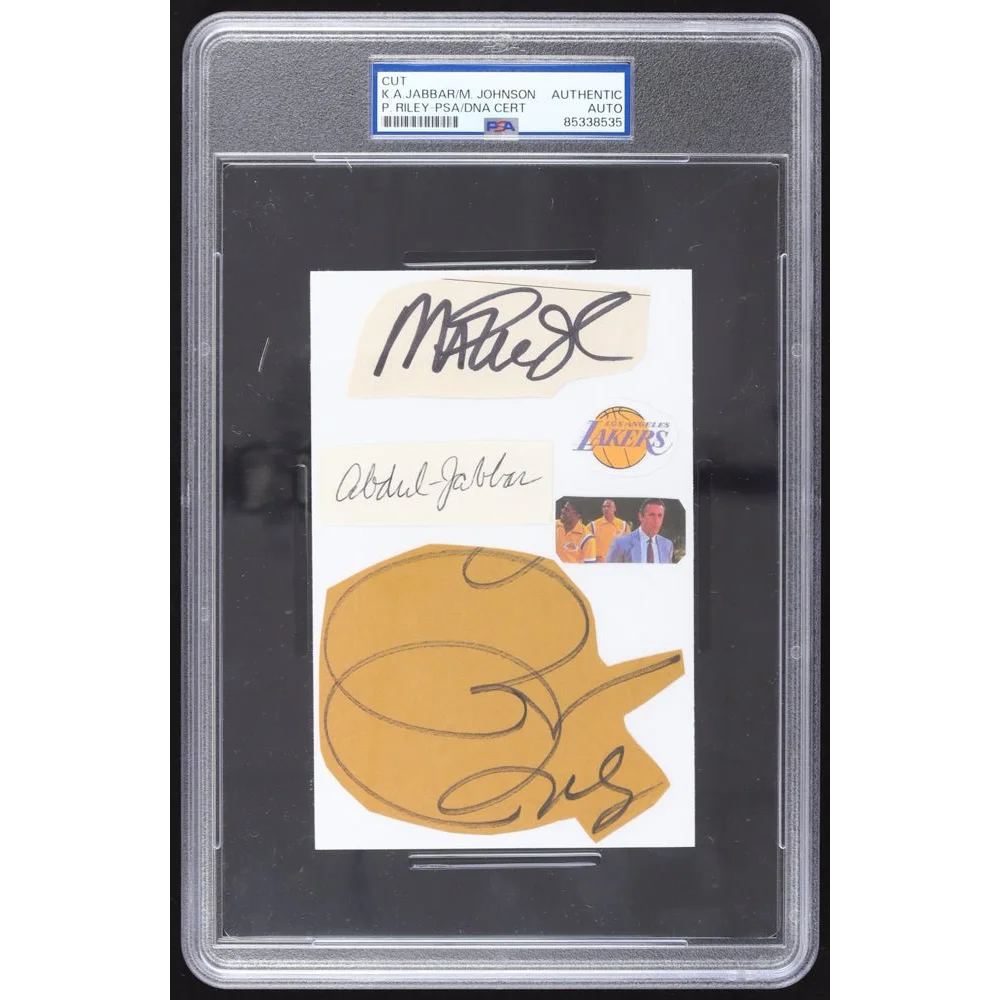 Encapsulated Lakers Legends collage with Magic Johnson, Kareem Abdul-Jabbar, and Pat Riley autographs