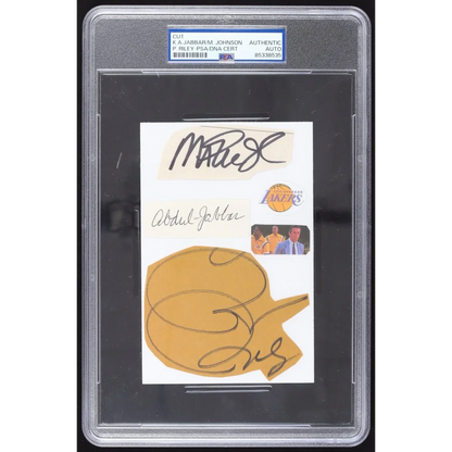 Encapsulated Lakers Legends collage with Magic Johnson, Kareem Abdul-Jabbar, and Pat Riley autographs